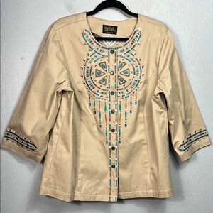 Bob Mackie Wearable Art Embroidered Southwest Inspired Khaki Jacket Large